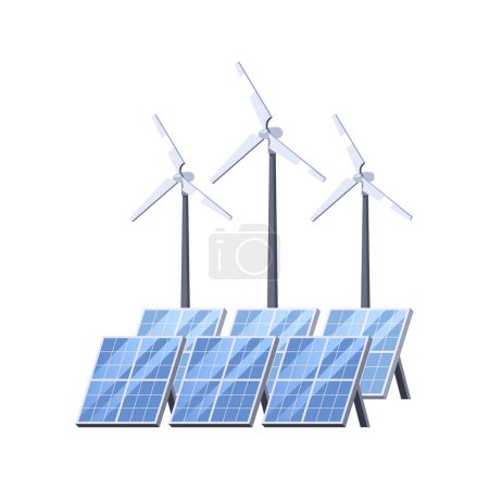 Ilustración de Turbinas de viento gira y paneles solares captura la luz del sol. Concepto de Generación de Energía Limpia, Compromiso con Soluciones de Energía Sostenible, Producción de Hidrógeno Cartoon Vector Illustration - Imagen libre de derechos
