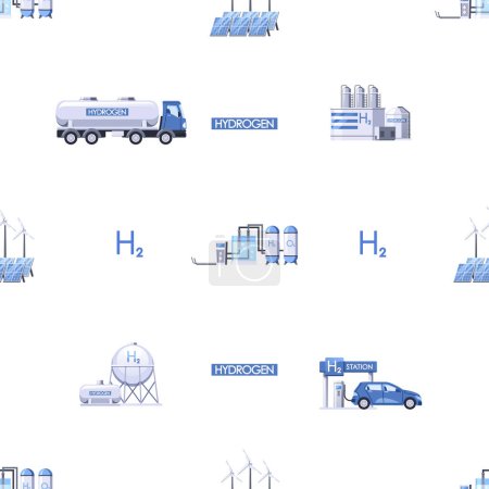 Illustration for Seamless Pattern Featuring Hydrogen Production. Vector Tile Background With Pipelines, Scientific Symbols, Tanks and Trucks Creating Design Symbolizing Clean Energy And Technological Advancement - Royalty Free Image