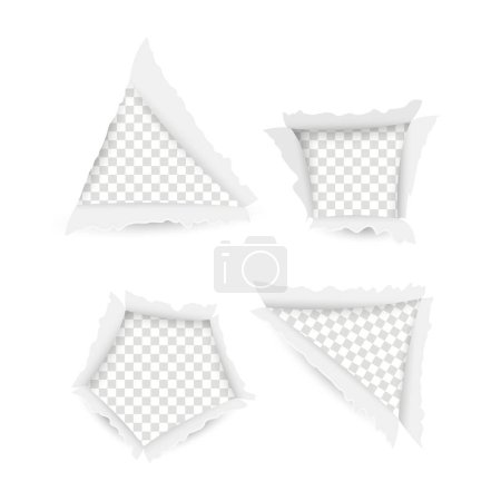 Illustration for Torn Curves And Gaps on Paper Sheets, White Canvas Ragged And Peeled, Featuring Chaotic Symphony Of Torn, Curled, And Teared Elements in Shape of Triangle, Square and Pentahedron. Vector Illustration - Royalty Free Image