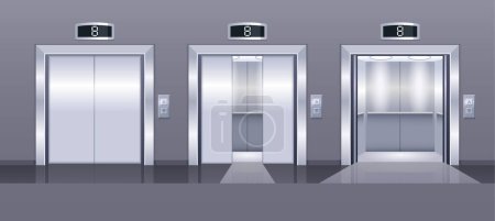 Illustration for Realistic Elevator Set. Open, Ajar And Closed Chrome Metallic Doors And Button Panels. Modern Passenger Or Cargo Lift Cabins. A Gateway Between Floors. 3d Vector Mockup Illustration - Royalty Free Image