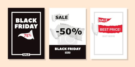 Illustration for Set Of Sale Banners with Torn Paper Holes. Promotional Flyers, Cards or Posters, Inviting Shoppers To Explore Enticing Discounts And Offers during Black Friday Offers and Events. Vector Illustration - Royalty Free Image