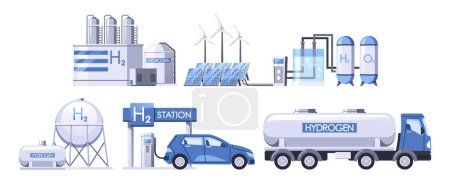 Illustration for Hydrogen Production Involves Extracting Hydrogen From Natural Gas, Water, Or Biomass Through Processes Like Steam Methane Reforming Or Electrolysis, Offering A Clean Energy Source. Vector Illustration - Royalty Free Image