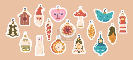 Illustration for Set of Stickers Festive Toys for Christmas Tree. Baubles, Lights, Heart and Clock, Icicles, Mushroom and Santa Trinkets, Create A Joyful Atmosphere, Bringing The Holiday Magic. Cartoon Vector Patches - Royalty Free Image