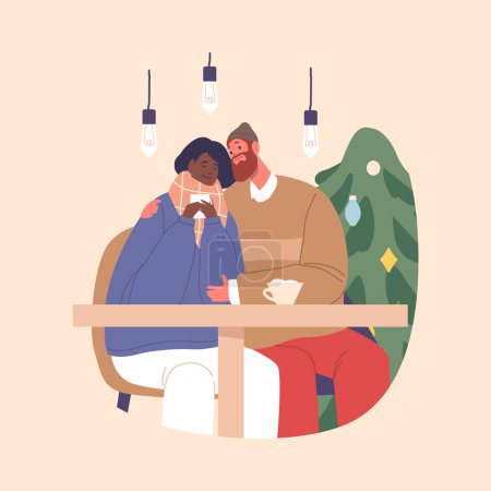 Illustration for Amidst Twinkling Lights And Cozy Ambiance, A Romantic Couple In A Christmas Cafe Share Warmth,Hugging and Sipping Cocoa, Their Love Echoing The Festive Joy Around Them. Cartoon Vector Illustration - Royalty Free Image
