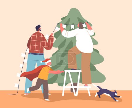 Téléchargez les illustrations : Scène festive se déroule alors que la famille décore joyeusement leur maison pour Noël, enveloppant la guirlande autour de l'arbre, accrochant des ornements et répandant la joie des fêtes ensemble. Illustration vectorielle de bande dessinée - en licence libre de droit