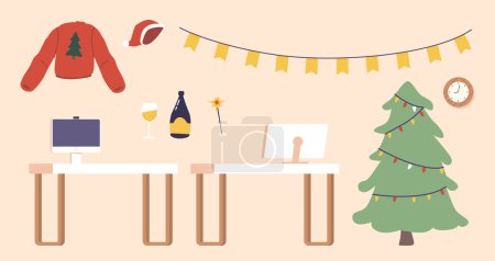 Illustration for Set with Items for Celebration Christmas Party in Office. Desks With Computer, Ugly Sweater, Santa Hat, Champagne Bottle and Wineglass, Festive Lights, Tree, And Decorations. Cartoon Vector Background - Royalty Free Image