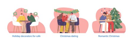 Téléchargez les illustrations : Éléments isolés Couples romantiques dans le café de Noël confortable, Partagez des moments chauds par des lumières scintillantes et siroter du cacao, entouré par l'ambiance festive de joie et d'amour. Illustration vectorielle des personnages de bande dessinée - en licence libre de droit