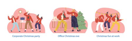 Illustration for Isolated Vector Elements with Colleagues In Festive Attire Gather At Corporate Christmas Party With Gleaming Lights, And Festive Decor. Funny People Celebrate Holiday Eve. Cartoon Vector Illustration - Royalty Free Image