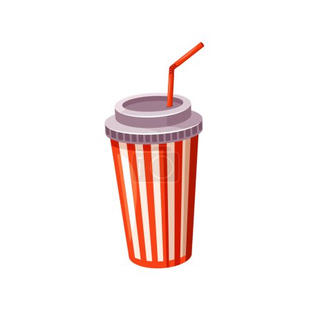 Illustration for Disposable Cola Cup, Adorned With Stripes, Lid and Straw, Holds A Fizzy Soda, Effervescing With Delight. Refreshing Beverage Promising Sip Of Effervescent Joy On A Hot Day. Cartoon Vector Illustration - Royalty Free Image