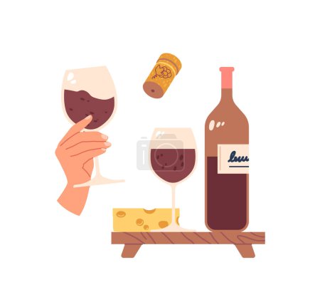Illustration for Graceful Hand Cradles A Wineglass Beside An Elegant Wine Bottle Standing on Wooden Tray with a Piece of Cheese, Capturing The Allure Of A Sophisticated Evening Filled With Rich Flavors, Vector Set - Royalty Free Image