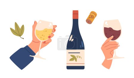 Téléchargez les illustrations : Des mains élégantes saisissent des verres à vin à côté d'une bouteille de vin élégante, créant une scène sophistiquée. Les teintes riches et le verre brillant capturent l'essence de l'indulgence raffinée. Illustration vectorielle de bande dessinée - en licence libre de droit