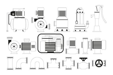 Illustration for Water Supply System Outline Icons Set. Pipes, Pumps, And Valves Items That Transport Water From Its Source To Homes, Ensuring Access To Clean And Safe Water For Various Purposes. Vector Illustration - Royalty Free Image