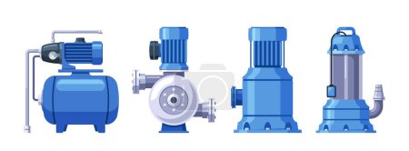 Illustration for Water Pumps, Mechanical Devices That Move Water From One Place To Another. They Play A Crucial Role In Agriculture, Industry, And Residential Water Supply. Cartoon Vector Illustration - Royalty Free Image