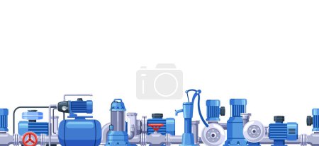 Illustration for Seamless Pattern Featuring Intricately Designed Water Supply System Items Such As Faucets, Pipes, And Pumps, Creating A Visually Engaging And Cohesive Motif. Horizontal Vector Border, Wallpaper - Royalty Free Image