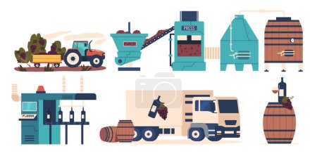 Illustration for Industrial Production Of Wine Involves Harvesting, Crushing Grapes, Fermenting The Juice, Aging The Wine In Barrels, And Bottling. Modern Technology Enhances Efficiency, Ensuring Consistent Quality - Royalty Free Image