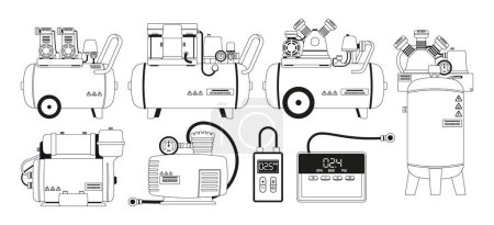 Illustration for Air Compressors Outline Vector Icons Set. Mechanical Devices That Increase Air Pressure, Converting Power Into Potential Energy Stored In Pressurized Air, Used For Powering Tools And Machinery - Royalty Free Image