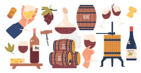Ilustración de Elegante conjunto de vinos con un decantador pulido y gafas de vino a juego, corcho, barricas de madera, machacador, vaso de precipitados para degustación y mano sosteniendo vidrio y botella en la bandeja. Colección de vectores de dibujos animados - Imagen libre de derechos