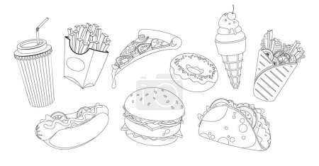 Illustration for Fast Food Outline Icons Featuring A Burger, Fries, Soda, Donut, Ice Cream And Pizza Slice. Monochrome Linear Symbols Capture The Essence Of Quick And Tasty Culinary Delights. Vector Illustration - Royalty Free Image