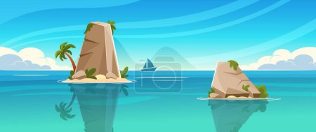 Illustration for Ocean Or Sea Nature Landscape With Shallow Or Rocks In Clean Water with Sailing Ship Under Fluffy Clouds In Azure Sky. Morning Or Day Time Tranquil Seascape Background, Cartoon Vector Illustration - Royalty Free Image