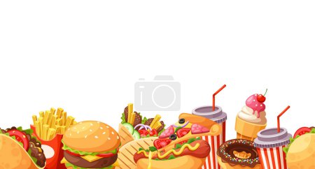 Illustration for Lively Seamless Pattern Featuring A Medley Of Delicious Fast Food, Burgers, Fries, Pizzas, And Sodas, Creating Appetizing Design For Food Enthusiasts. Cartoon Vector Horizontal Border or Wallpaper - Royalty Free Image