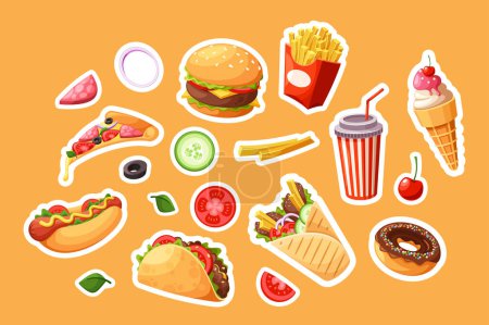 Téléchargez les illustrations : Stickers Fast Food colorés ensemble. Burger, frites, pizza et crème glacée. Cola Cup, Hotdog, Tacos avec beignet et Shawarma dans un emballage jetable. Une cuisine pratique et rapide. Patchs vectoriels - en licence libre de droit