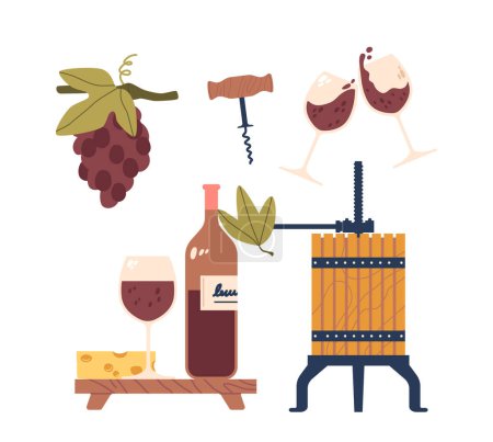 Ilustración de Elementos del viñedo, producción de la bodega, incluyen exuberantes vides, racimos maduros de uvas, machacador de madera, bandeja con botella, vino y queso, sacacorchos y copas Clinking. Ilustración de vectores de dibujos animados - Imagen libre de derechos