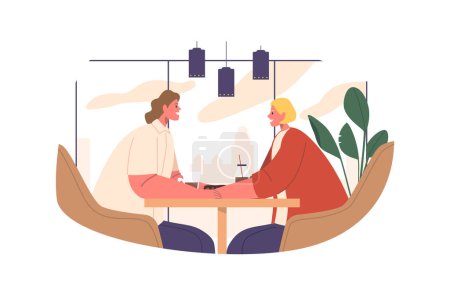 Illustration for Romantic Couple Characters, Bathed In The Warm Glow Of A Cafe, Share Tender Moment Holding Hands. The Subtle Ambiance Enhances Their Connection, Creating A Scene Of Quiet Intimacy. Vector Illustration - Royalty Free Image