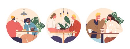 Ilustración de Iconos redondos aislados o avatares de parejas románticas toman café en un acogedor café, con los ojos cerrados, las manos entrelazadas, creando una cálida burbuja de amor en medio del ambiente aromático. Ilustración de vectores de dibujos animados - Imagen libre de derechos