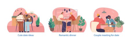Téléchargez les illustrations : Eléments isolés avec des couples romantiques Réunion pour Date au Café. Hommes et femmes partagent des conversations, des regards persistants, buvant du café, créant une atmosphère intime remplie d'amour et de connexion - en licence libre de droit
