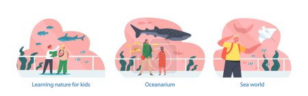 Illustration for Isolated Vector Elements With Wide-eyed Children Marvel At Vibrant Fish, Sharks, And Mysterious Sea Creatures In Oceanarium. Excitement And Wonder Fill The Air As They Explore The Underwater Wonders - Royalty Free Image
