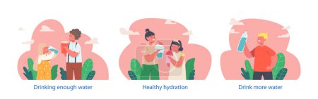 Illustration for Isolated Vector Elements With Energetic Kids Characters Happily Sip Water, Emphasizing The Importance Of Hydration For Their Well-being. Smiles Abound As They Embrace A Healthy Habit For Vibrant Life - Royalty Free Image