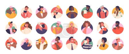 Illustration for Group Of Diverse Character Avatars. Men and Women Hold Colorful Cups, Each Expressing Unique Personalities. Adult, Young and Senior People Smile, Enjoying Hot Drinks. Cartoon Vector Illustration - Royalty Free Image