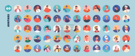 Illustration for Set of People Avatars, Adult and Kids Male or Female Characters. Men or Women with Short and Long Hair, Bearded, Blonde and Brunettes Portraits. Cartoon Vector Illustration, Isolated Round Icons - Royalty Free Image