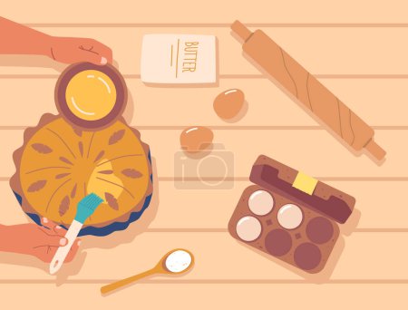 Illustration for Top View Shows A Person Hands Preparing And Baking A Cake. Character Covering Cake with Melt Butter, Ingredients and Utensils Scatter around on Wooden Table. Cartoon Vector Illustration - Royalty Free Image