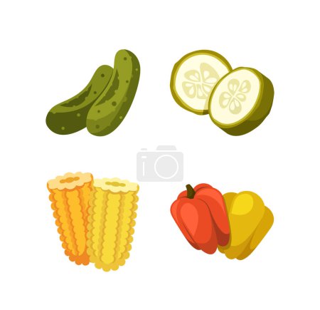 Illustration for Fresh Cucumbers, Corn Cobs and Bell Pepper, Ripe Raw Vegetables Ready for Preservation Isolated on White Background. Healthy Products, Organic Farm Food. Cartoon Vector Illustration - Royalty Free Image