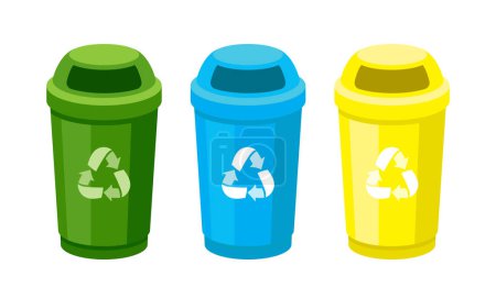 Illustration for Recycling Street Garbage Bins Designed To Collect Recyclable Materials Such As Paper, Plastic, Metal And Glass, Helping To Divert Waste From Landfills. Trash Cans with Recycling Signs, Vector Baskets - Royalty Free Image