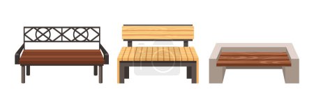 Illustration for Street Benches, Outdoor Seating Furniture Made Of Durable Materials Such As Metal, Stone Or Wood, Feature Slatted Seats And Backs, Providing A Resting Place For Pedestrians In Urban And Public Spaces - Royalty Free Image