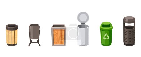 Illustration for Street Garbage Baskets Set Is Designed For Constant Use And Harsh Weather Conditions, Featuring A Steel, Wooden or Plastic Mesh Waste Basket With A Sleek And Sturdy Design. Cartoon Vector Illustration - Royalty Free Image
