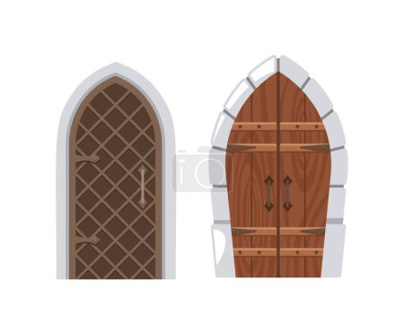 Illustration for Medieval Arched Doors, Weathered And Imposing, Adorned With Intricate Ironwork And Knobs. Mystical Doorways Tells Tales Of Ancient Mysteries And Echoes Of A Bygone Era. Cartoon Vector Illustration - Royalty Free Image
