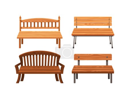 Illustration for Wooden Street Benches Isolated Set. Outdoor Seating Units Made Of Durable Wood, Providing Public Resting Spots In Urban Areas For People To Relax And Socialize. Cartoon Vector Illustration - Royalty Free Image
