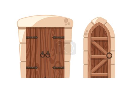 Illustration for Arched and Rectangular Medieval Doors With Iron Knobs And Weathered Wood. Imposing Castle Doorways, Stand As Timeless Guardians, Inviting Tales Of History And Mystery To Unfold Beyond Their Thresholds - Royalty Free Image