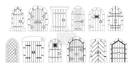 Ilustración de Elegantes puertas medievales en blanco y negro Los iconos emanan encanto atemporal, con detalles intrincados que lo transportan a una época pasada, evocando un sentido del misterio y la historia. Esquema Vector Ilustración - Imagen libre de derechos