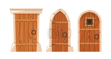 Ilustración de Puertas medievales de madera, adornadas con hierro, marcos de ladrillo y madera, evocan un sentido de la historia y el misterio, de pie como guardianes del pasado. Dungeon o Castle Doorways. Ilustración de vectores de dibujos animados - Imagen libre de derechos