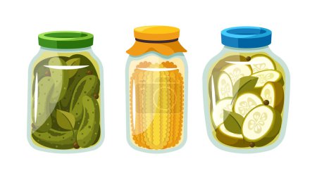 Illustration for Glistening Glass Jars Showcase Meticulously Pickled Cucumbers And Golden Corn Cobs, Preserves, Promising A Crisp And Flavorful Delight With Each Twist Of The Lid. Cartoon Vector Illustration - Royalty Free Image