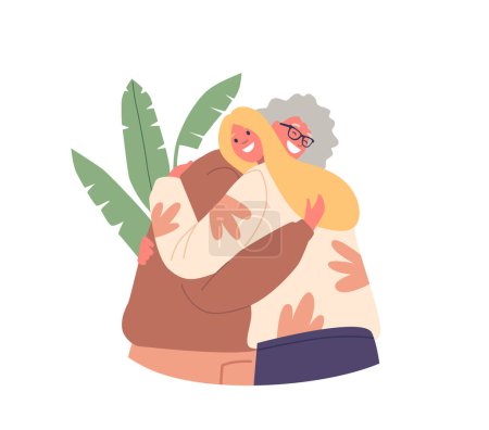 Illustration for Daughter Tenderly Hugs Her Mother, Happy Characters Connection Radiating Love And Warmth As They Share A Precious Moment Of Familial Closeness And Understanding. Cartoon People Vector Illustration - Royalty Free Image