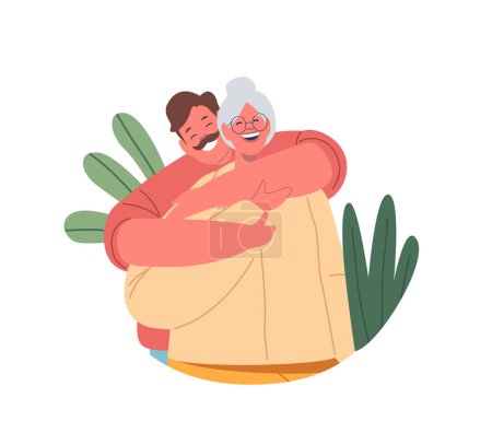 Illustration for Loving Man Embraces His Elderly Mother, Heartfelt Moment, Characters Connection Evident In Warmth Of Their Hug, Expressing Deep Affection And Timeless Bonds. Cartoon People Vector Illustration - Royalty Free Image