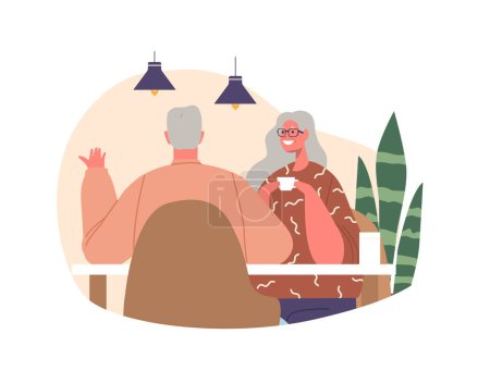 Téléchargez les illustrations : Couple romantique âgé partage moments tendres dans un café confortable, entouré par la chaleur de l'amour et l'arôme du café. Les personnages créent ensemble des souvenirs intemporels. Illustration vectorielle des personnages de bande dessinée - en licence libre de droit