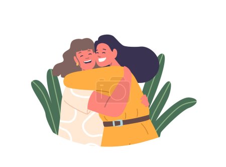 Illustration for Family Characters In A Heartfelt Embrace, Woman Envelops Her Mother With Warmth, Expressing Love And Gratitude. Their Connection Embodying The Bond Of A Cherished Relationship. Vector Illustration - Royalty Free Image