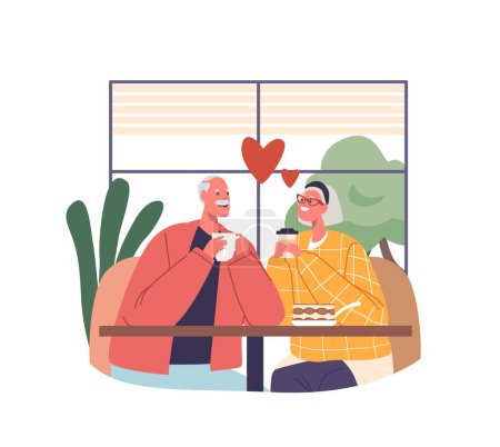 Illustration for In A Cozy Cafe, An Elderly Romantic Couple Shares Laughter Over Steaming Cups Of Coffee, Reminiscing On A Lifetime Of Love, Their Eyes Revealing Timeless Affection. Cartoon People Vector Illustration - Royalty Free Image