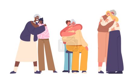 Illustration for Characters Lovingly Hug Their Old Mothers, Expressing Gratitude And Affection In Tender Moments That Speak Volumes Of Timeless Love And Cherished Connections. Cartoon People Vector Illustration - Royalty Free Image
